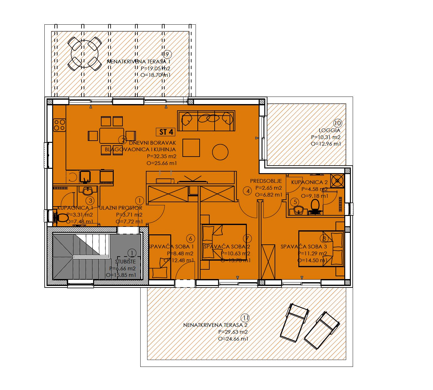 Floor plan of BLIK apartment — living area, 3 bedrooms, 2 bathrooms, covered and open terraces