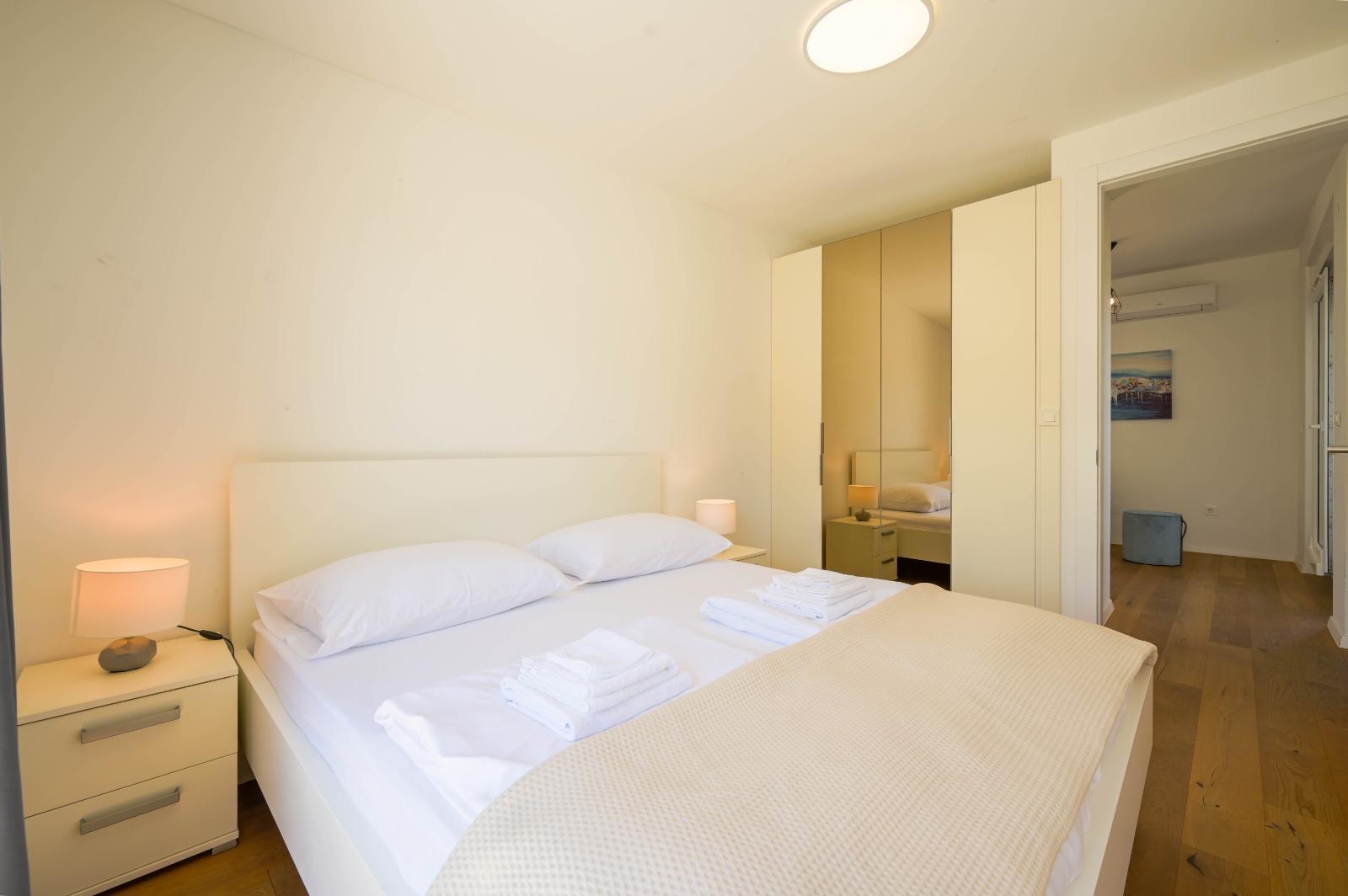White bedroom with warm lighting